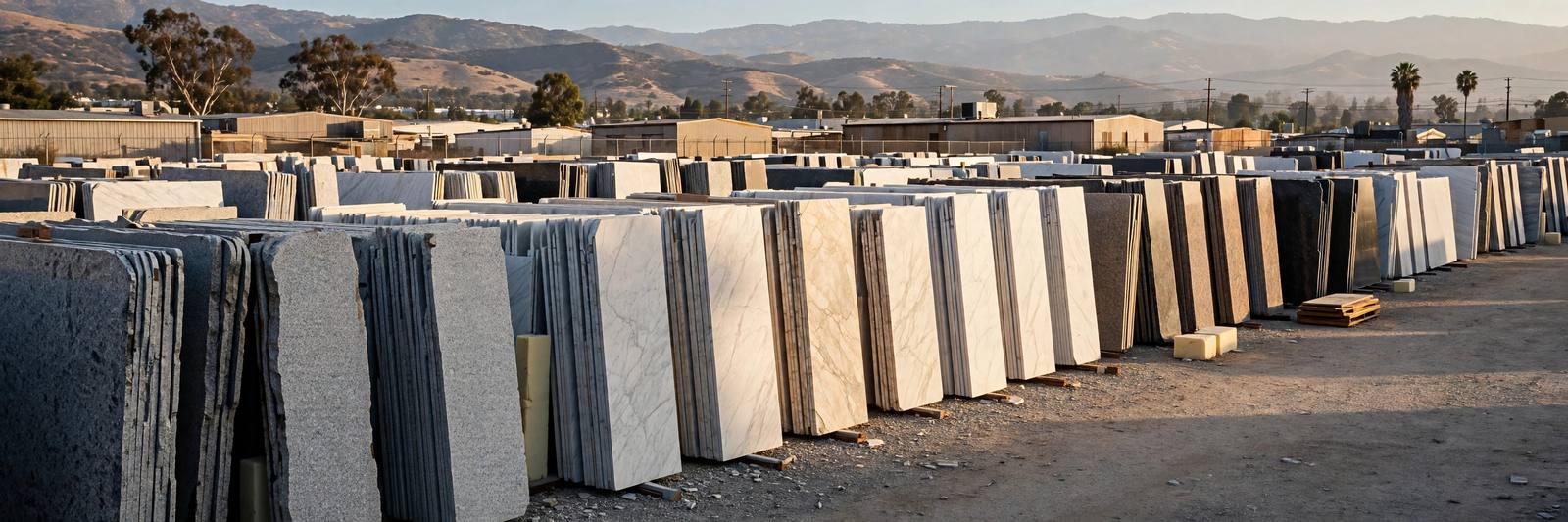 Rows of upright granite and marble slabs in a stone slab yard